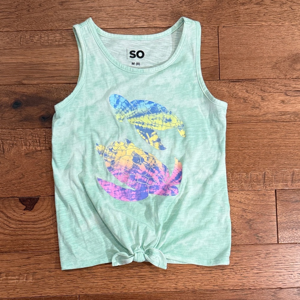 SO Girls Sleeveless Tank Top - Size M (8) - Light Green Tie Dye - Turtles